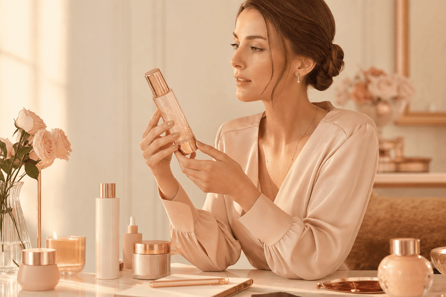 Beauty curator with luxury skincare bottle