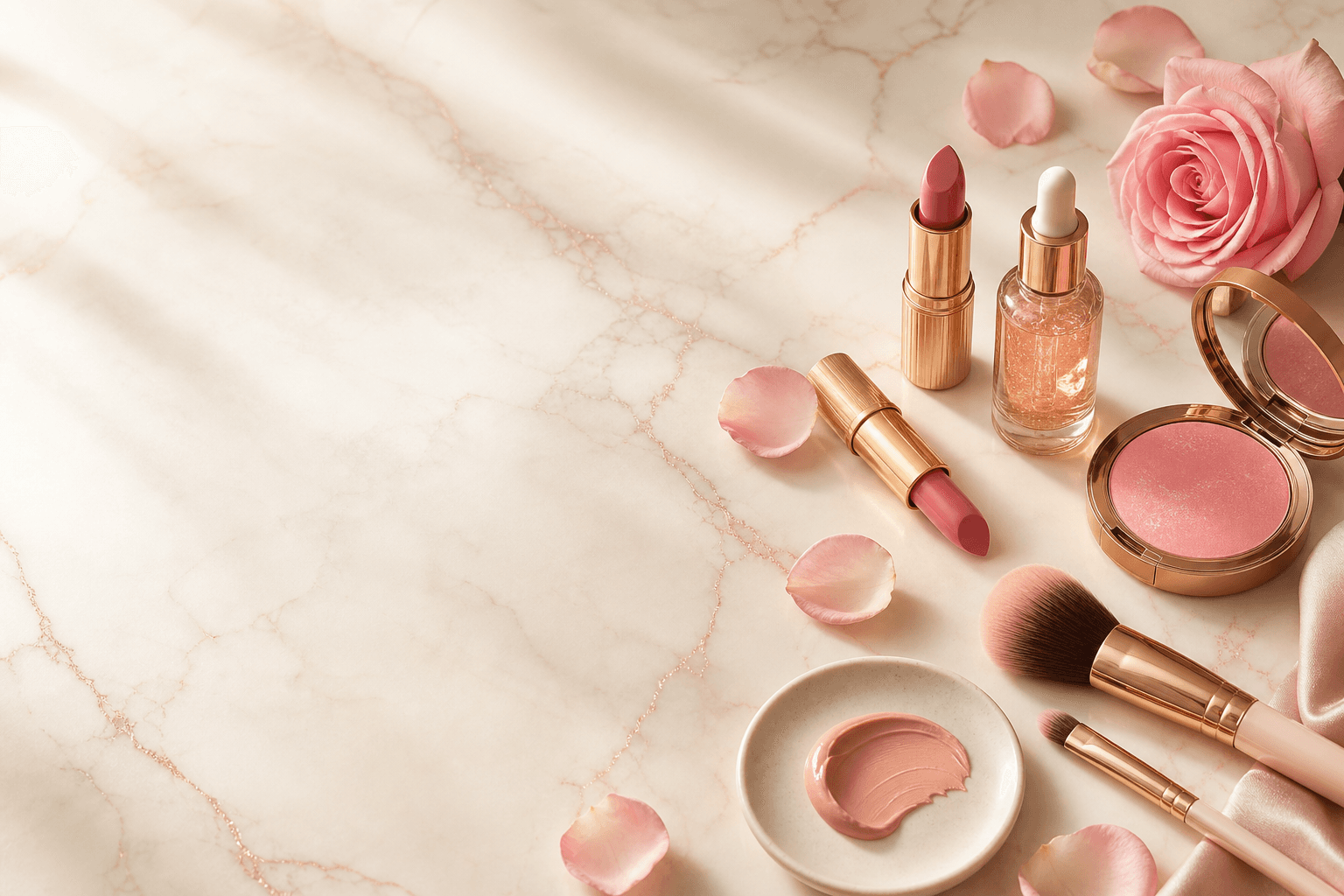 Editorial flatlay of luxury cosmetics on cream marble